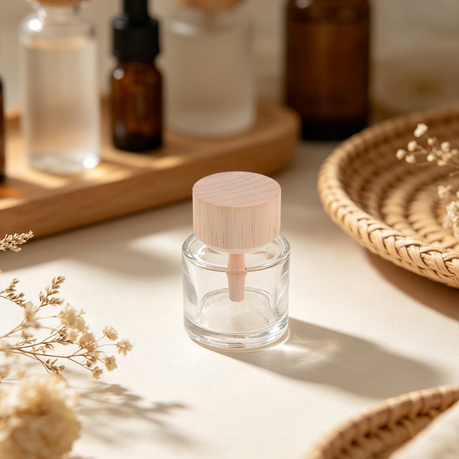 Home Fragrance Diffuser Oil - ขวดแก้วใสสำหรับน้ำมันหอมระเหย 2 ชิ้น แบบเติมได้ พร้อมฝาไม้ สำหรับกระจายกลิ่นหอมในบ้าน